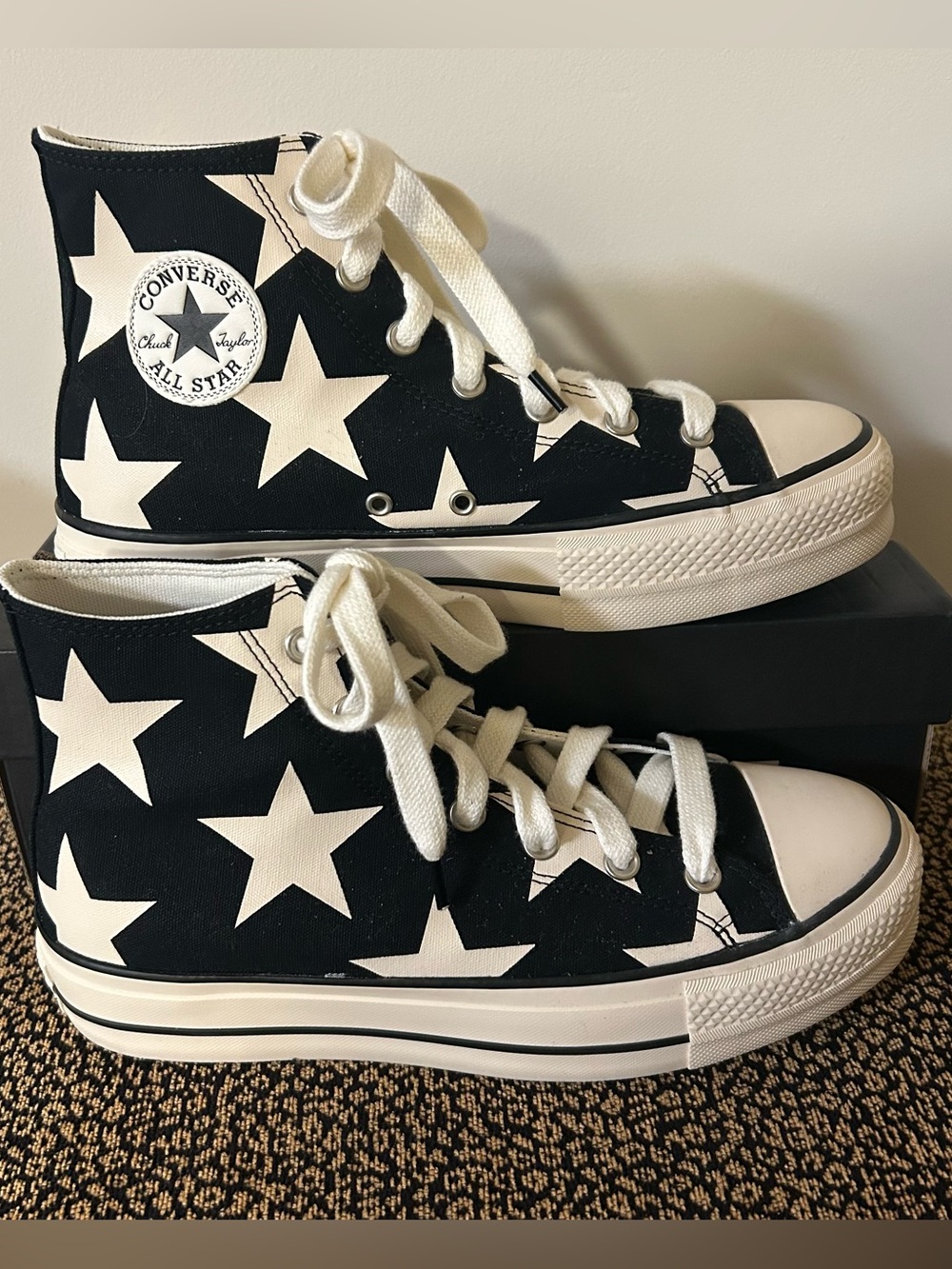 NEW Converse AS Platform Black & Cream Star Print High-Tops Women’s 10